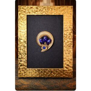Vintage Cobalt Blue Art Glass Bead Floral Brooch Gold Tone Mid Century Pin
